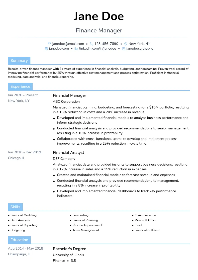 Finance Options resume example
