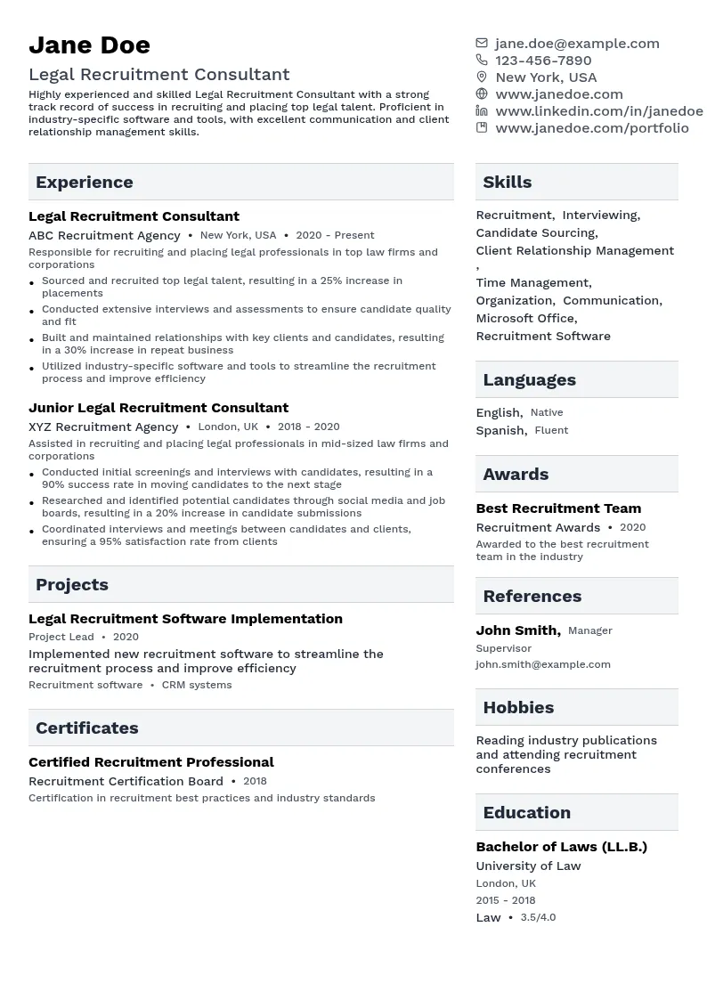 Legal Recruitment resume example