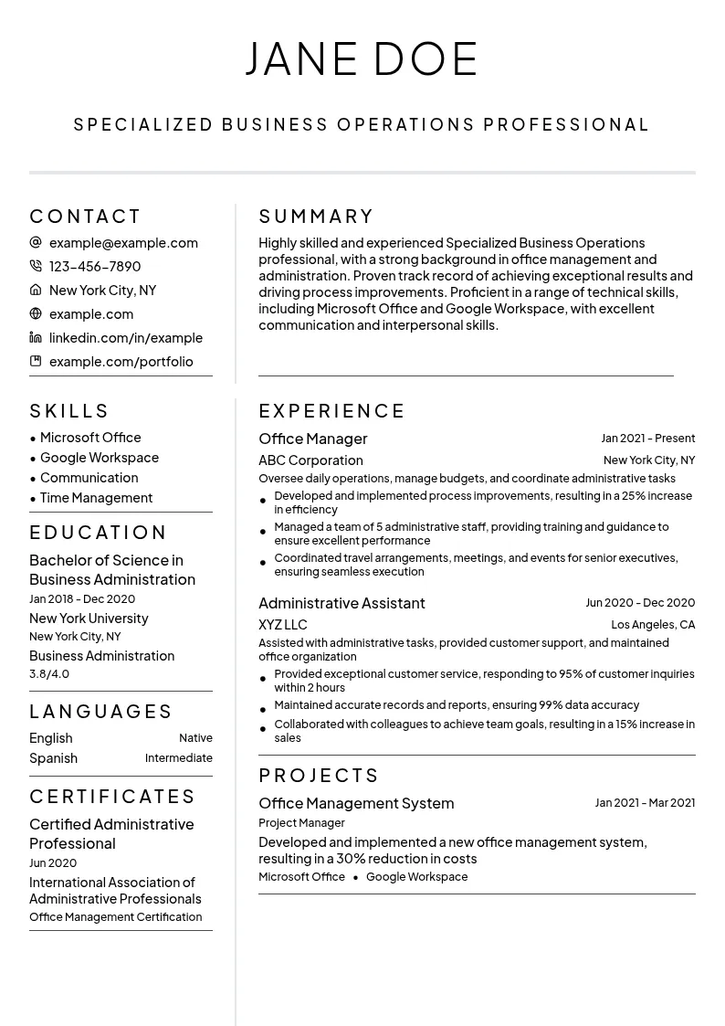 Specialized Business Operations resume example
