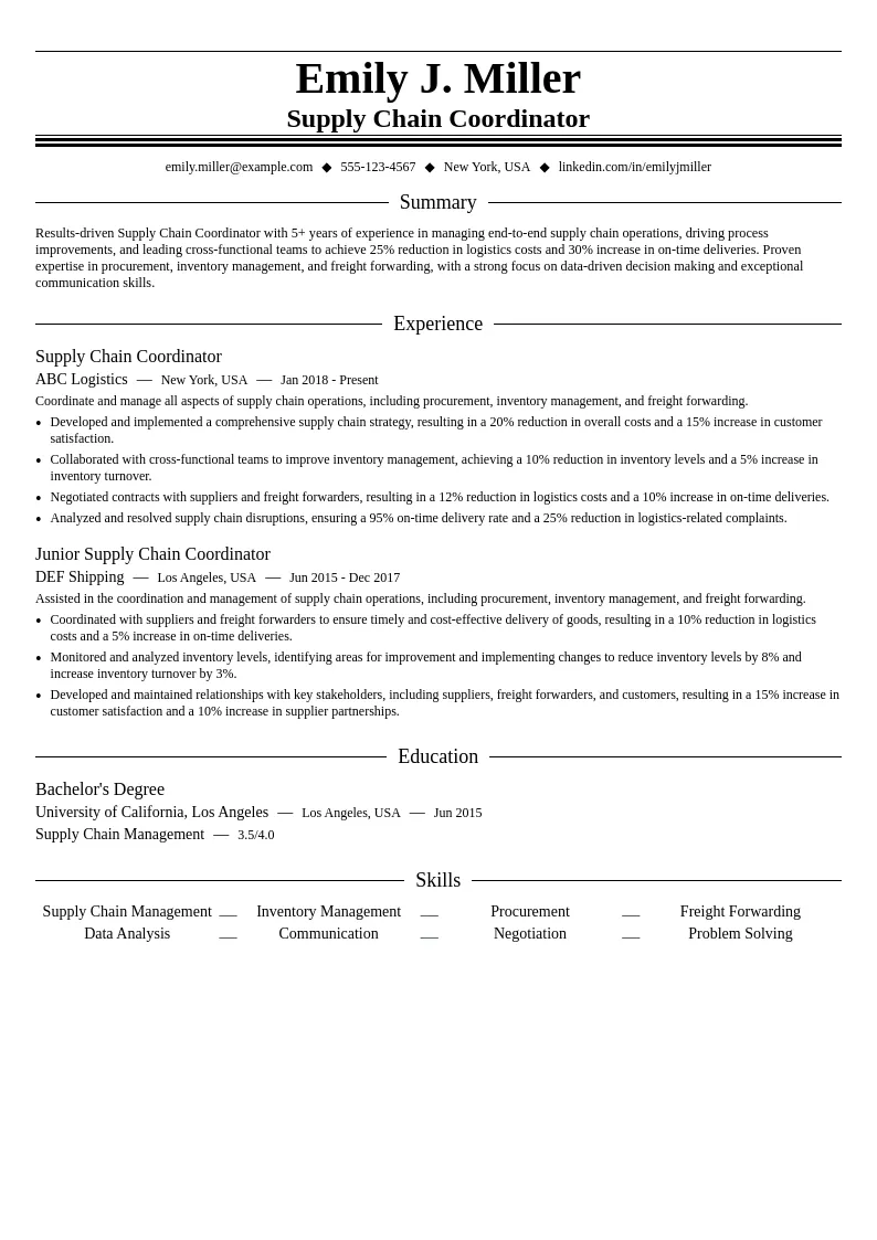 Supply Chain Coordinator resume example