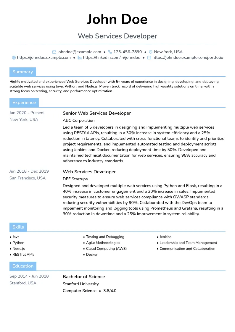 Web Services Developer resume example