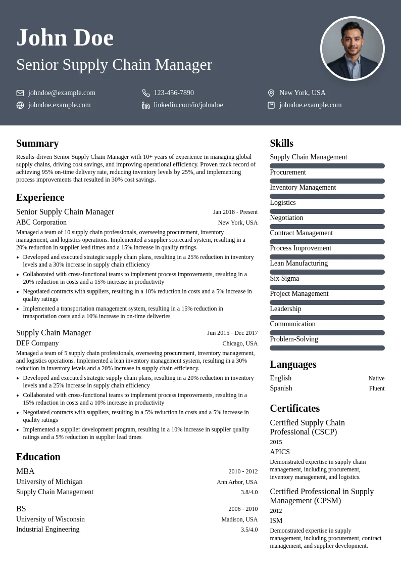 Senior Supply Chain Manager resume example