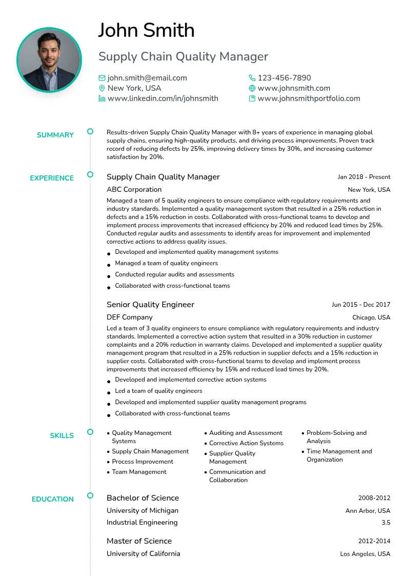 Supply Chain Quality Manager resume example