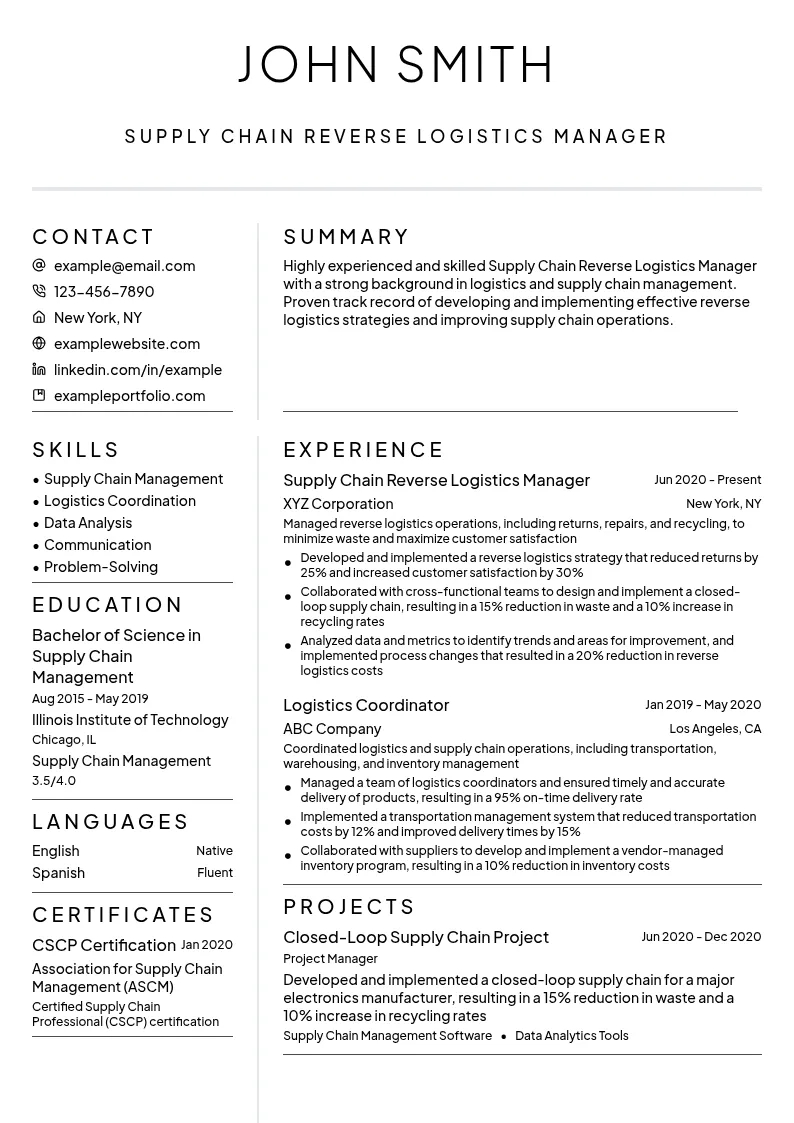 Supply Chain Reverse Logistics Manager resume example