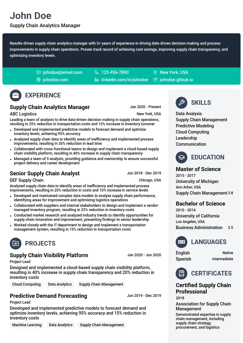 Supply Chain Analytics Manager resume example