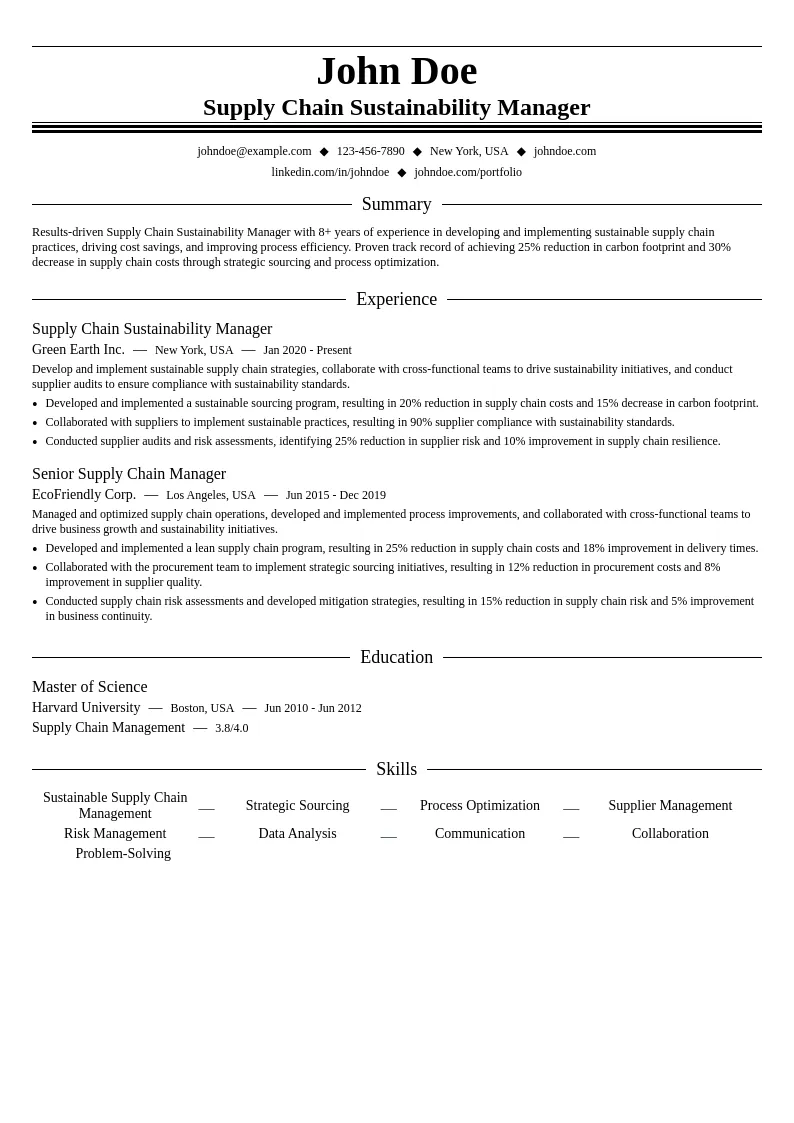 Supply Chain Sustainability Manager resume example
