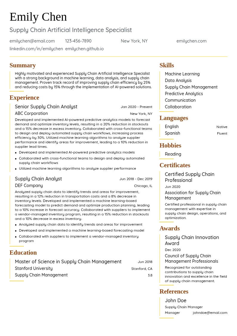 Supply Chain Artificial Intelligence Specialist resume example