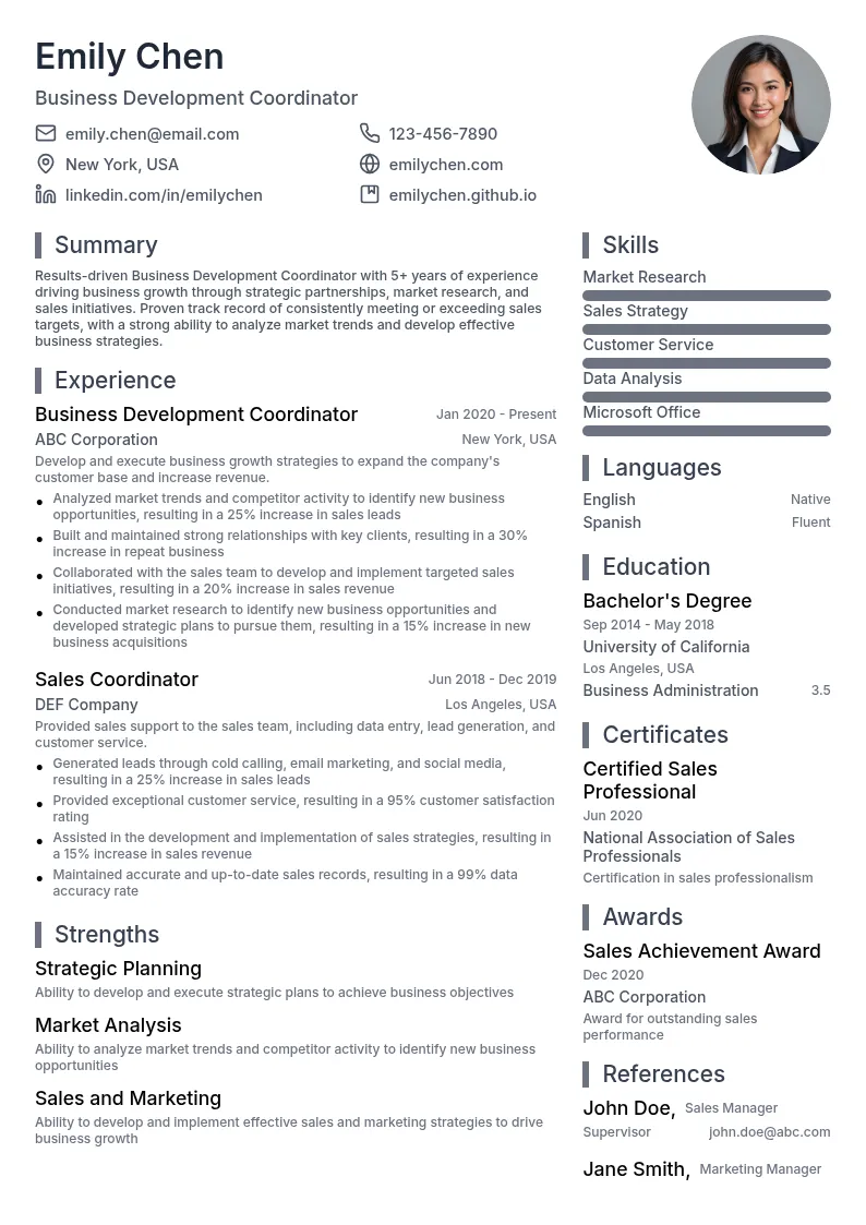 Business Development Coordinator resume example