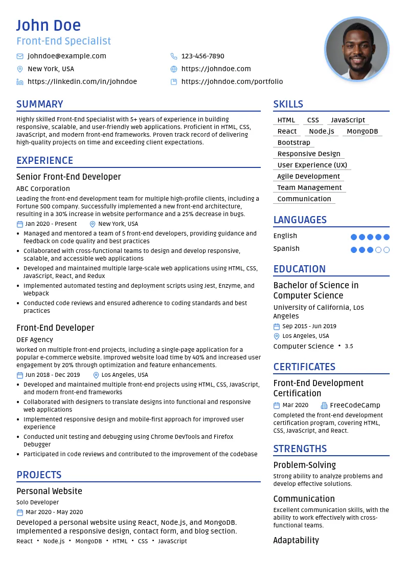 Front-End Specialist resume example