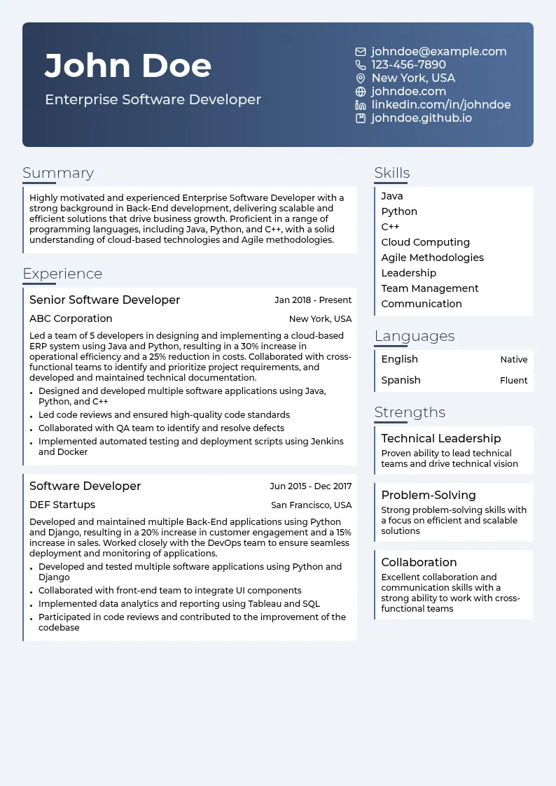Enterprise Software Developer (Back-End) resume example