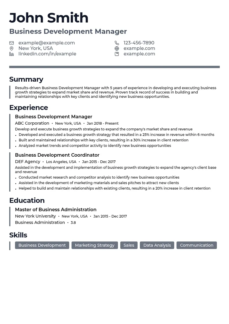 Business Development Manager resume example