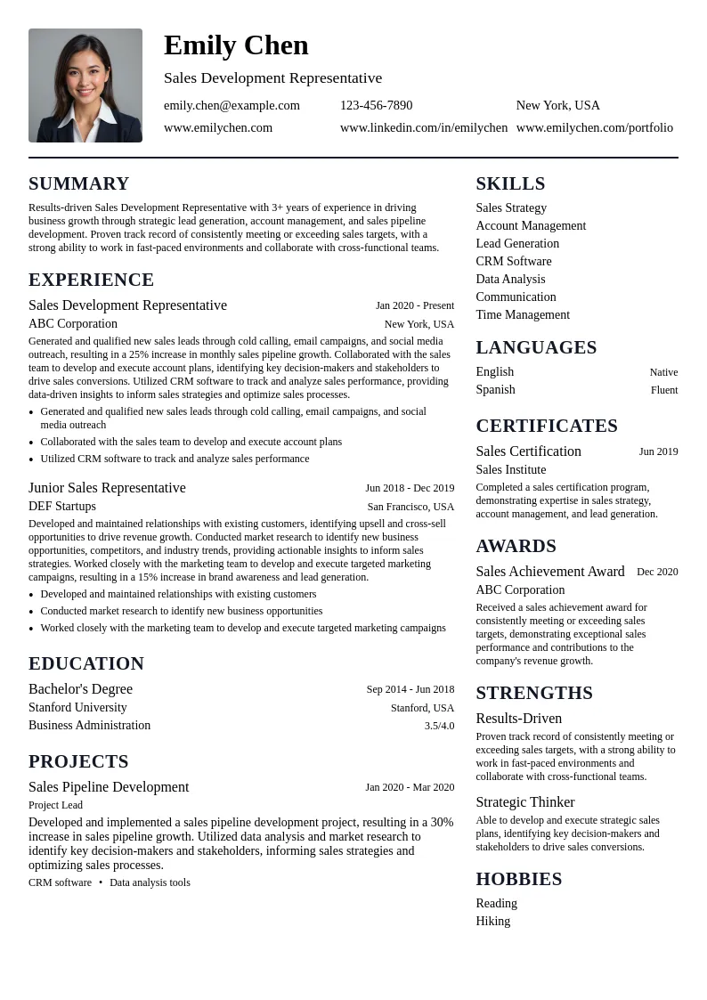 Sales Development Representative resume example