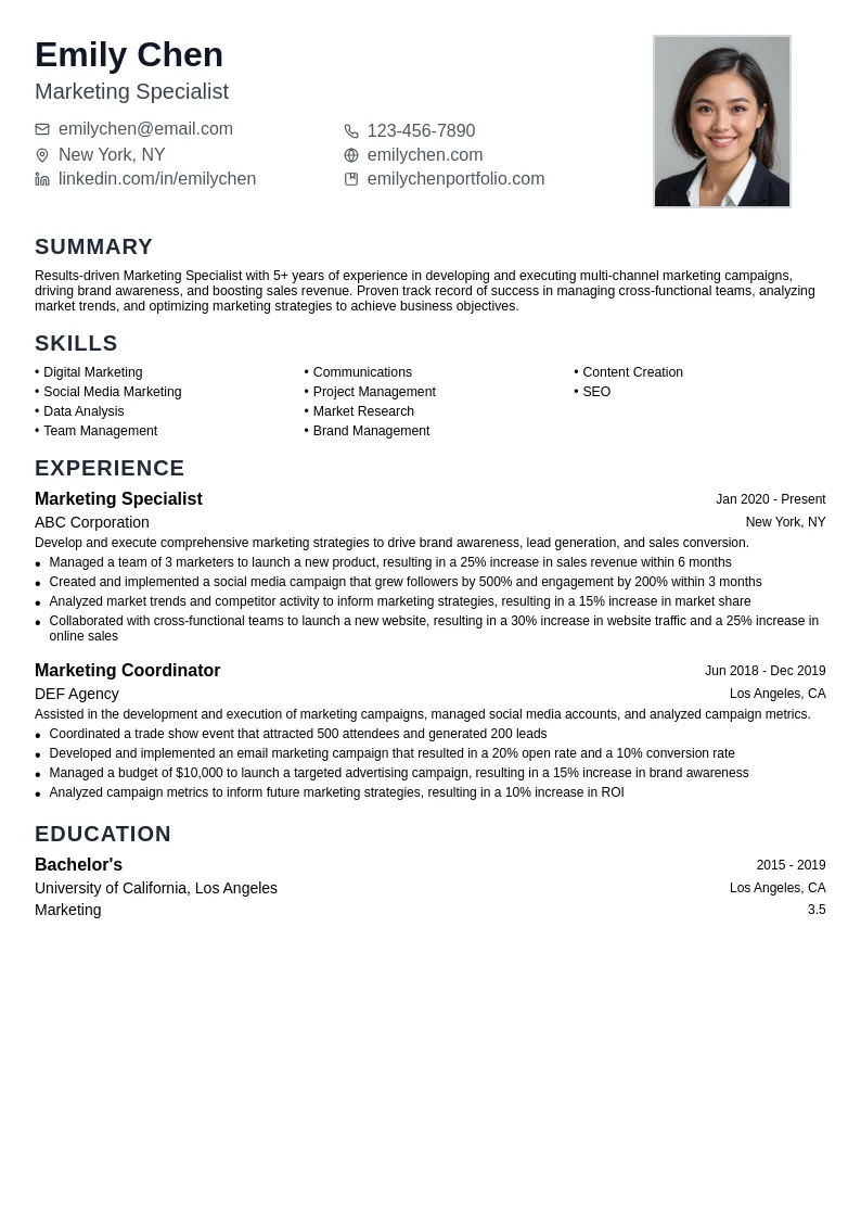 Marketing Specialist resume example