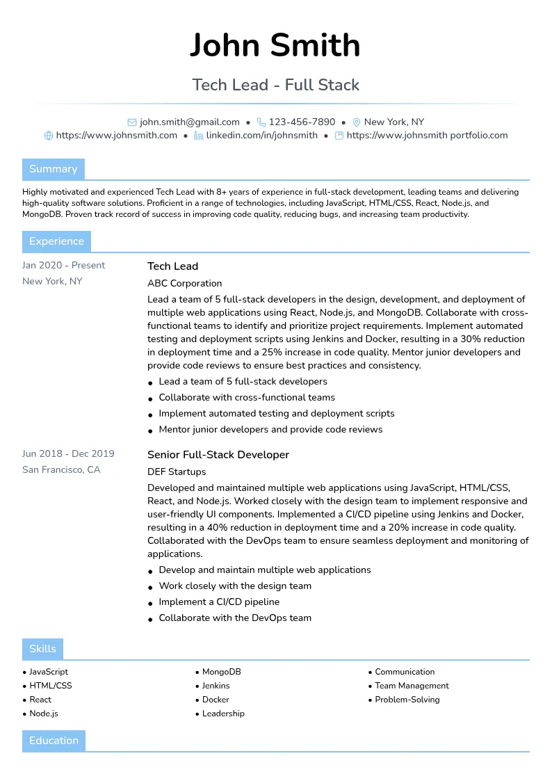 Tech Lead - Full Stack resume example