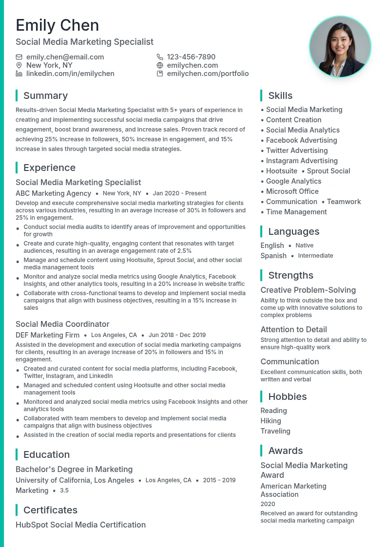 Social Media Marketing Specialist resume example