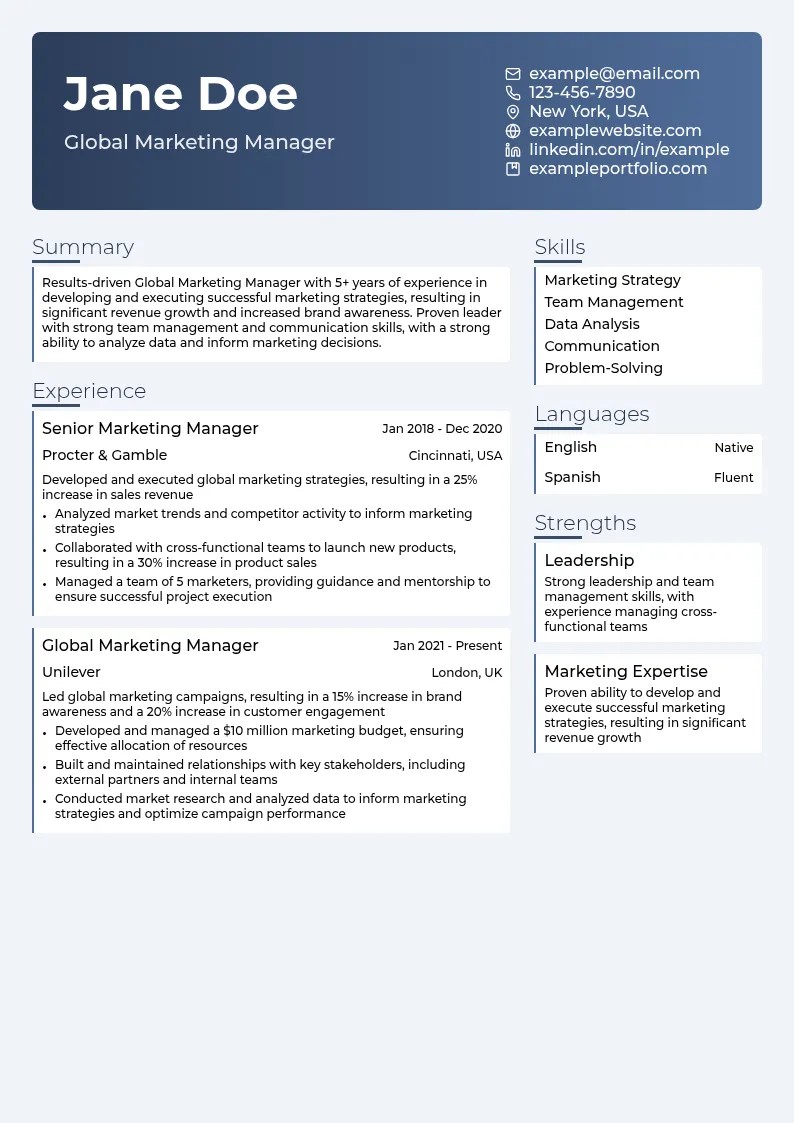 Global Marketing Manager resume example