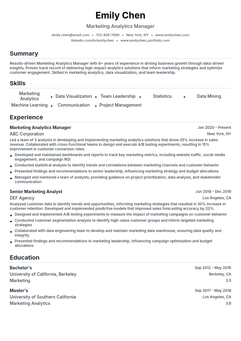 Marketing Analytics Manager resume example