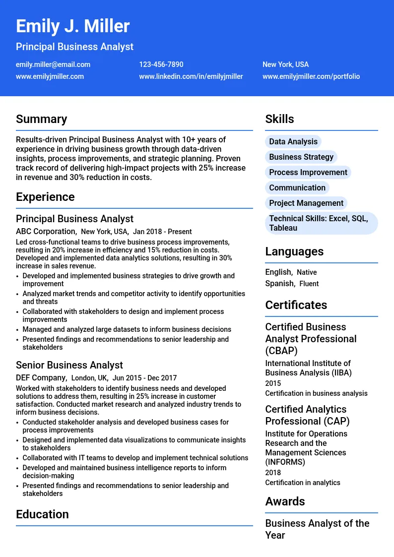 Principal Business Analyst resume example