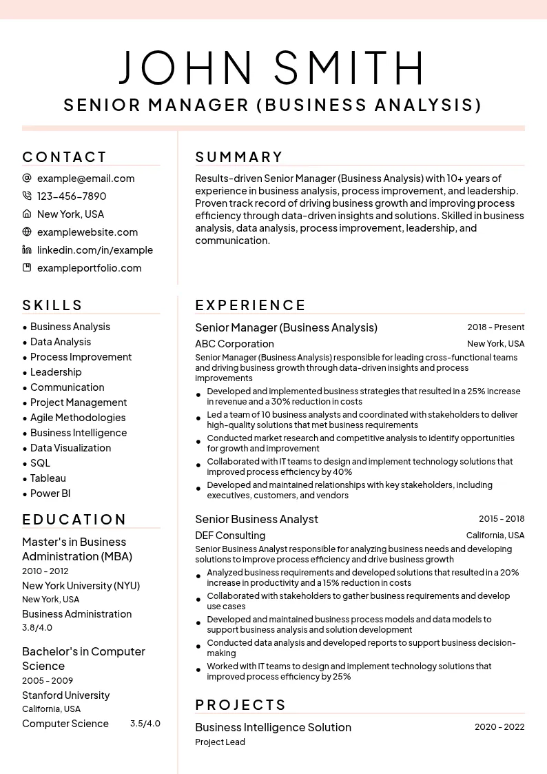 Senior Manager (Business Analysis) resume example