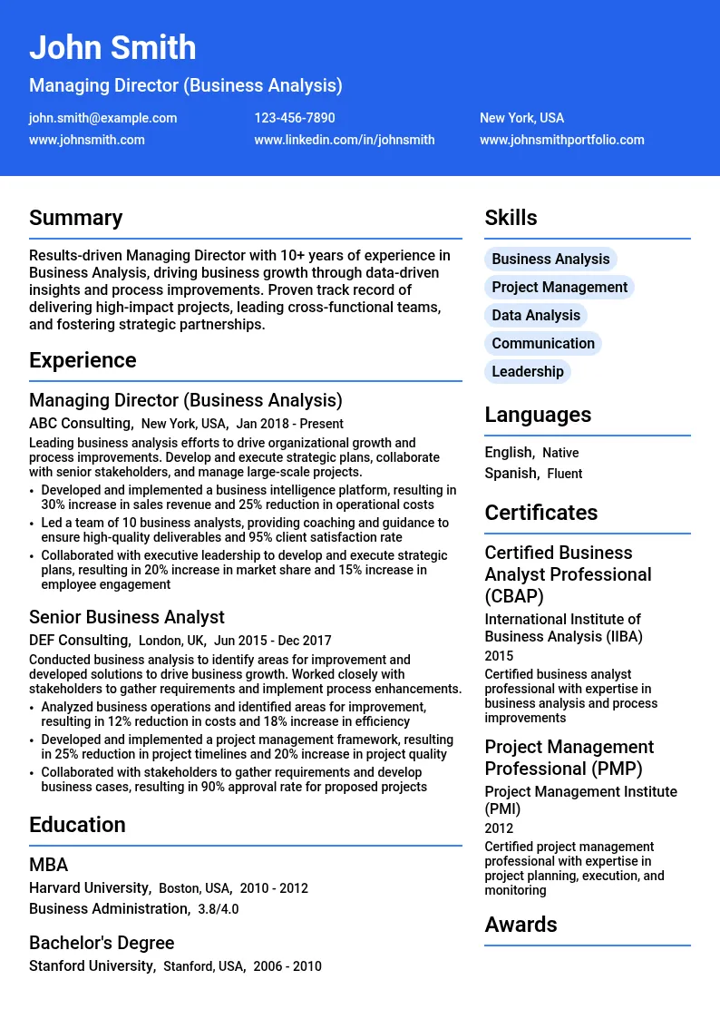 Managing Director (Business Analysis) resume example