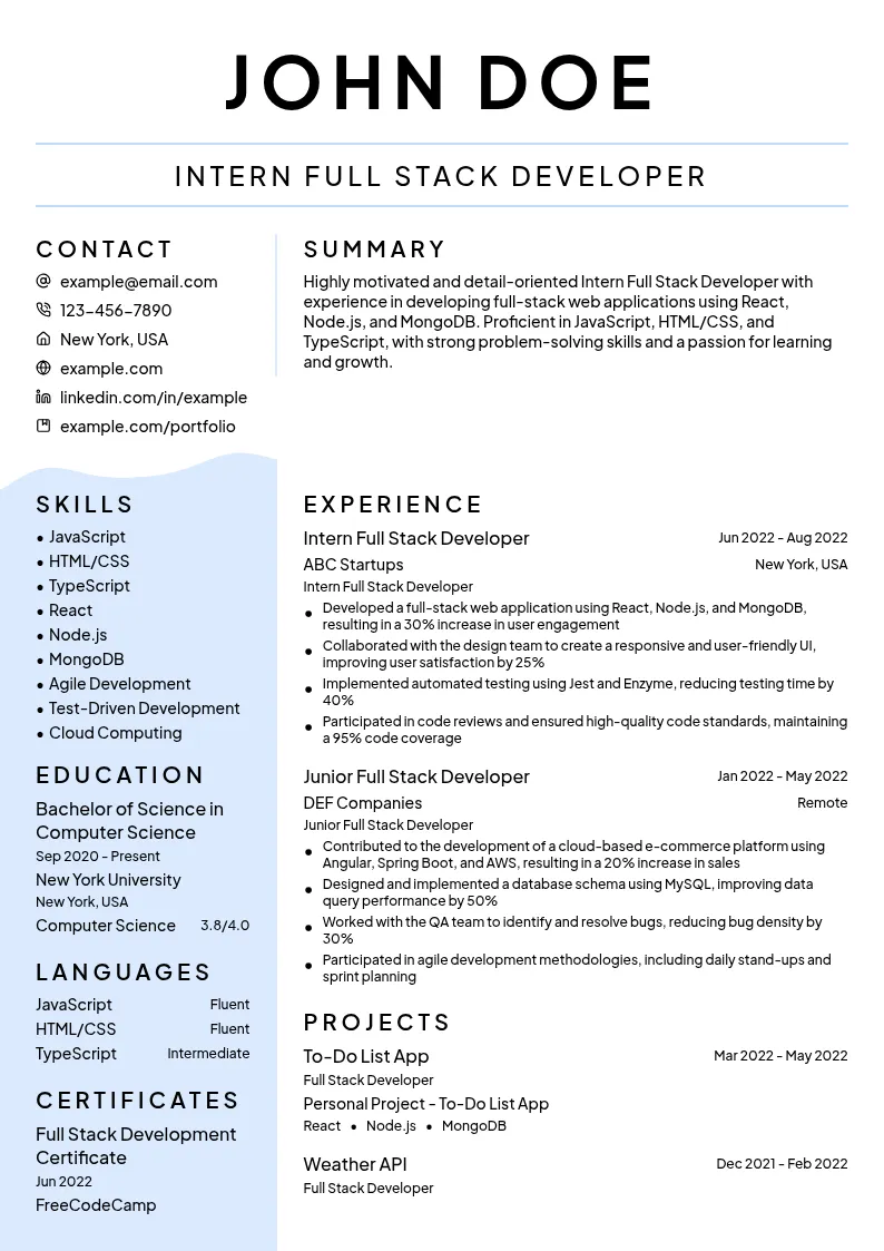 Intern Full Stack Developer resume example