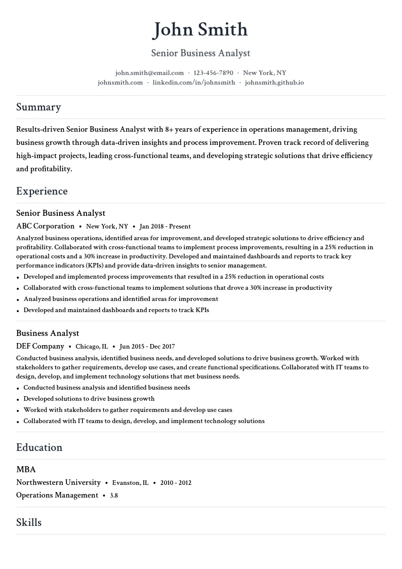 Business Analyst ( Operations Management) resume example