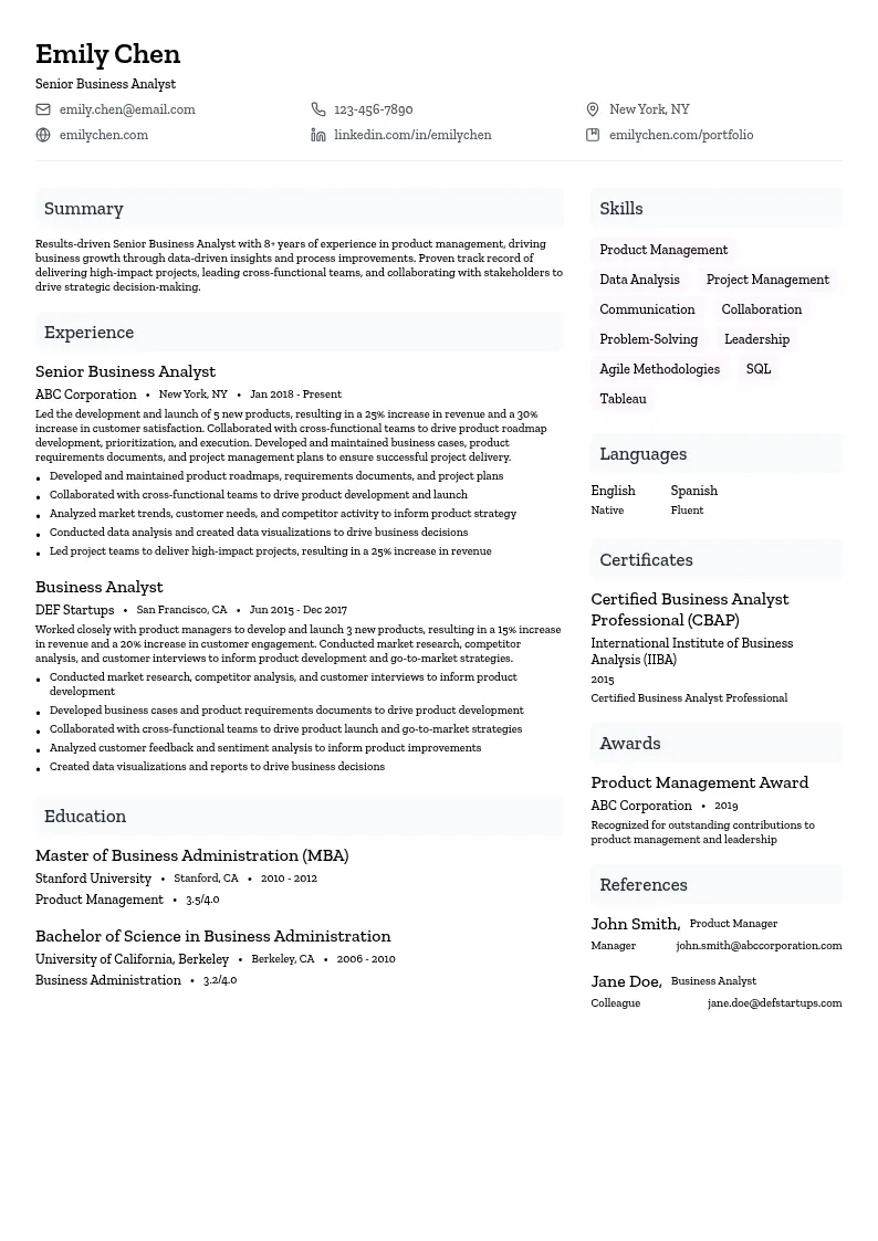 Business Analyst (Product Management) resume example