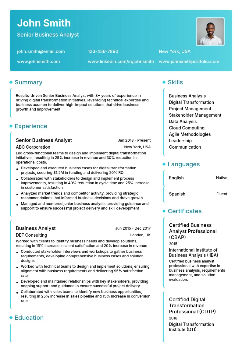 Business Analyst (Digital Transformation) resume example