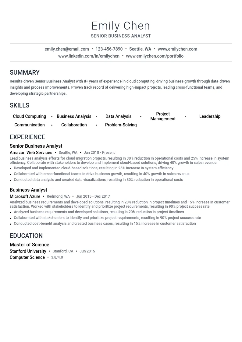 Business Analyst (Cloud Computing) resume example