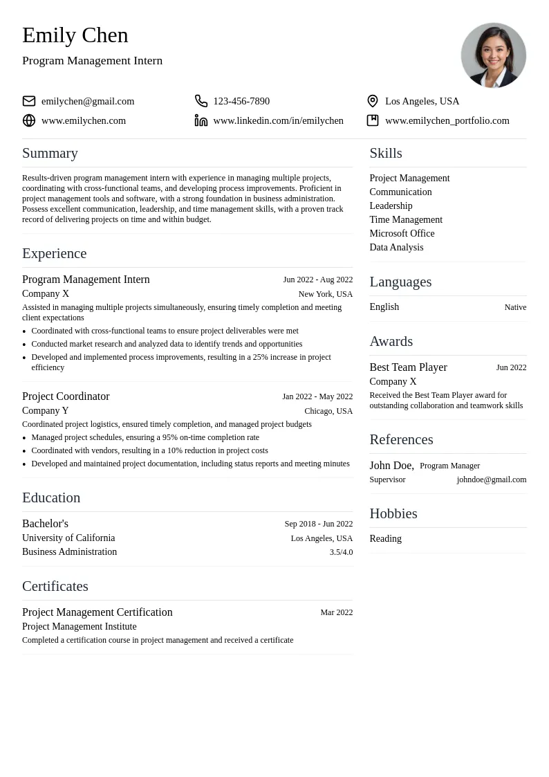 Program Management Intern resume example