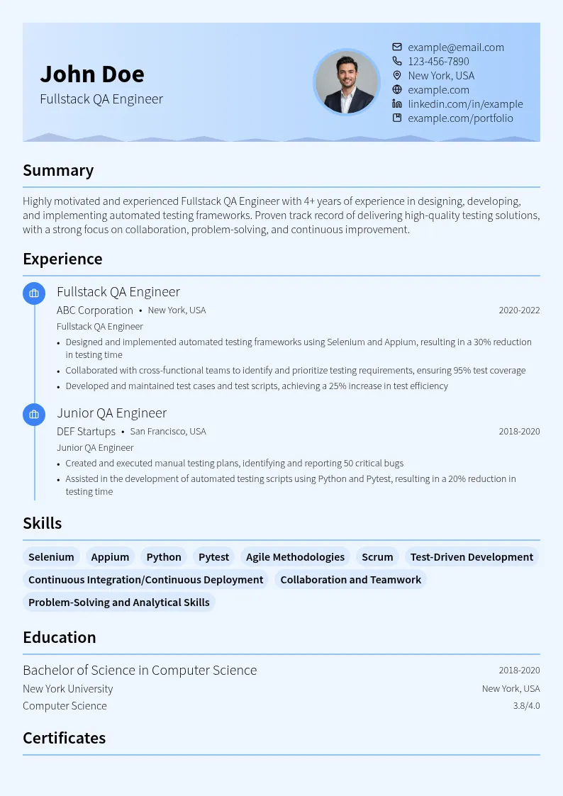 Fullstack QA Engineer resume example