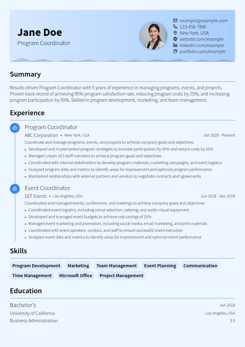 Program Coordinator resume example