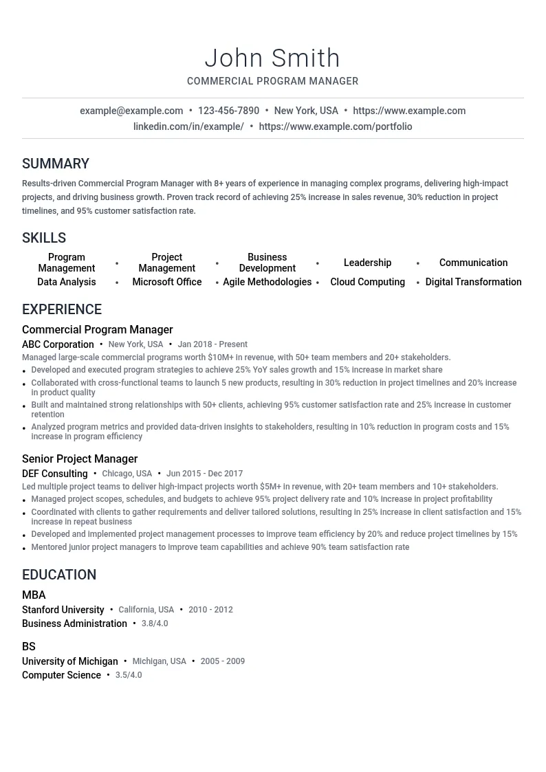 Commercial Program Manager resume example