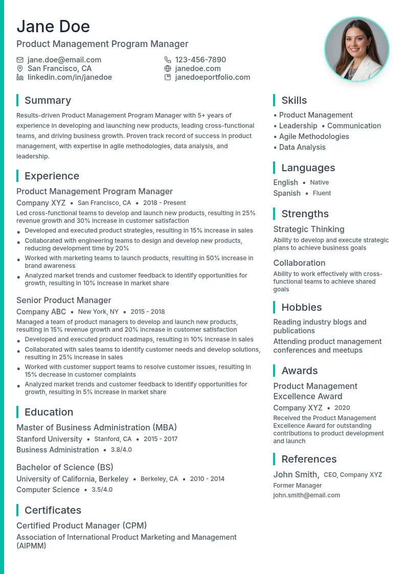 Product Management Program Manager resume example