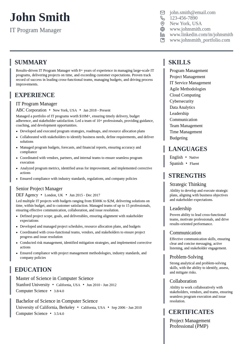 IT Program Manager resume example