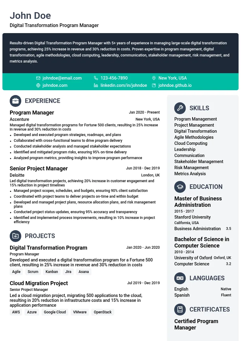 Digital Transformation Program Manager resume example