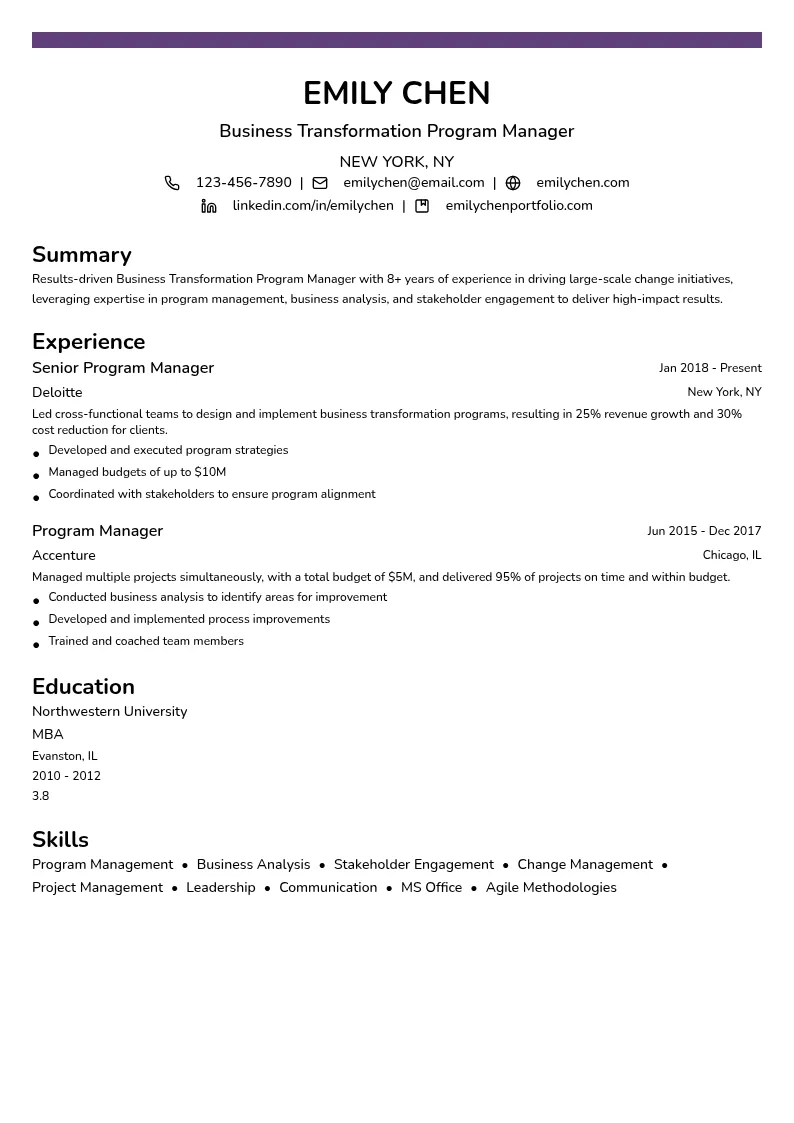 Business Transformation Program Manager resume example