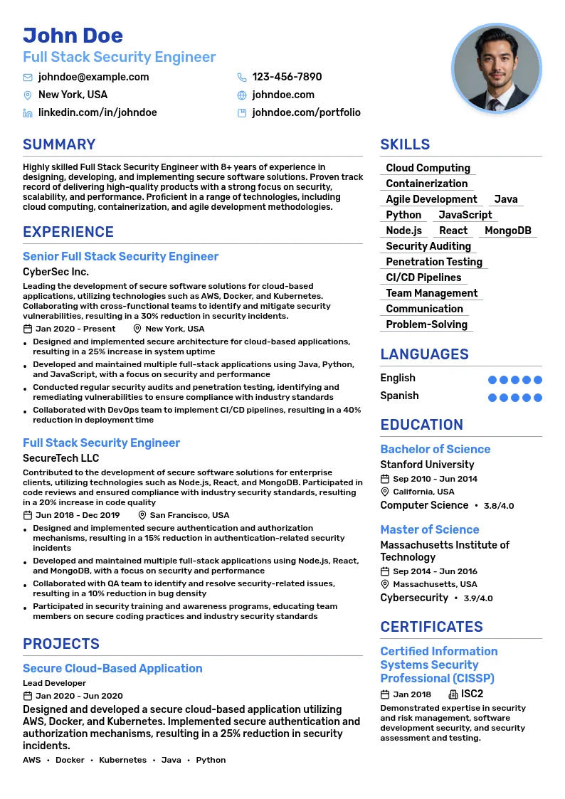 Full Stack Security Engineer resume example