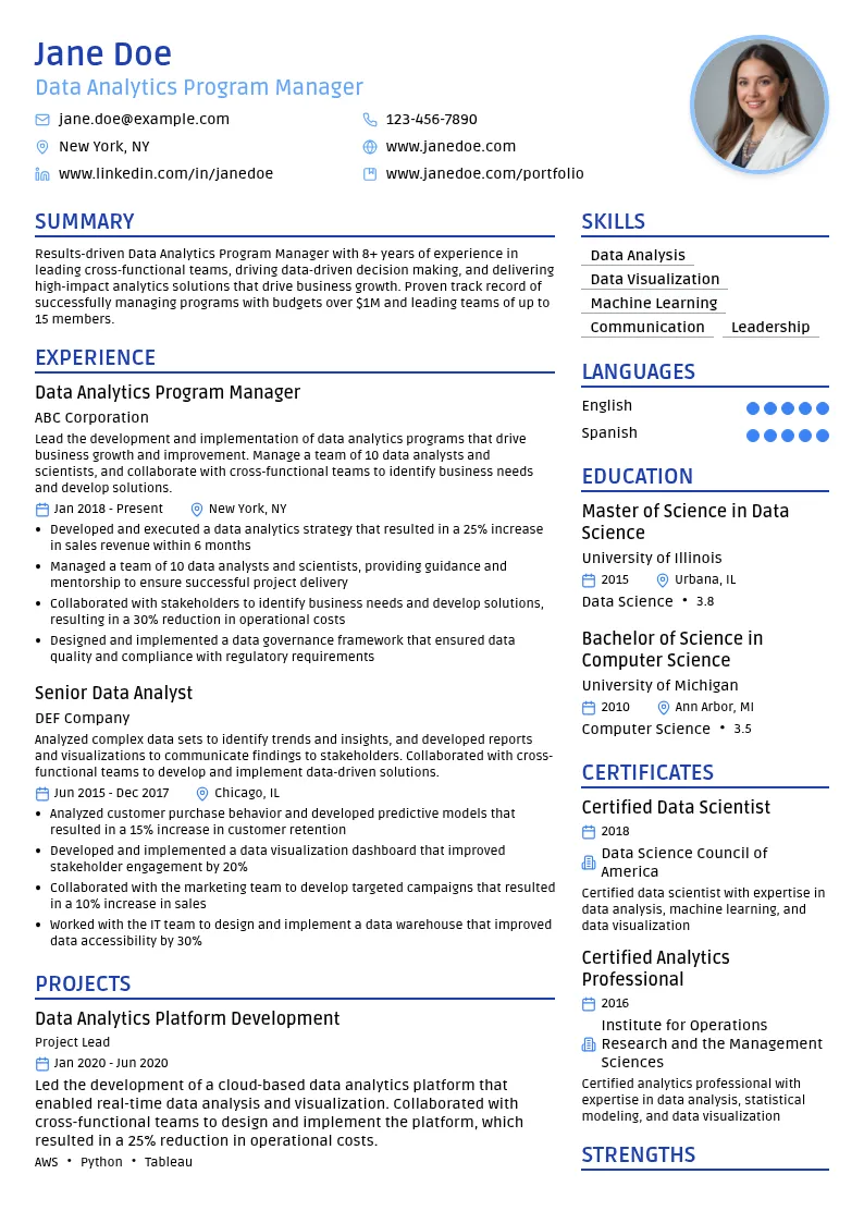 Data Analytics Program Manager resume example