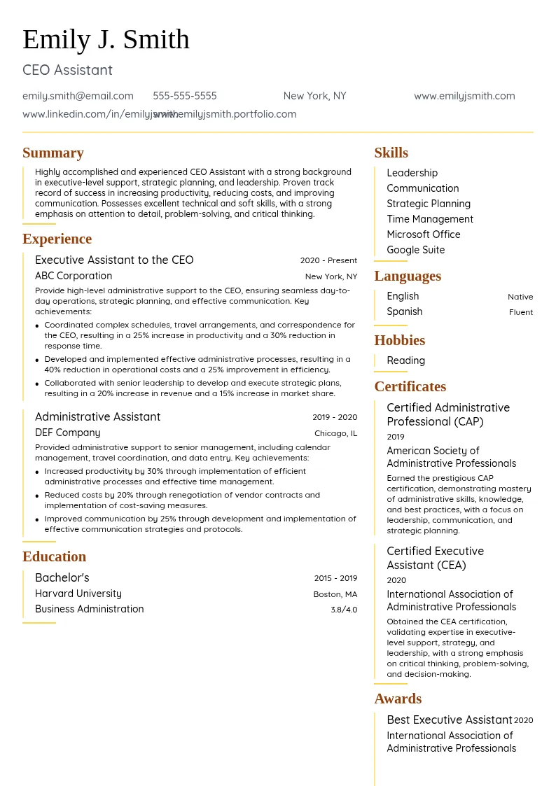 CEO Assistant resume example