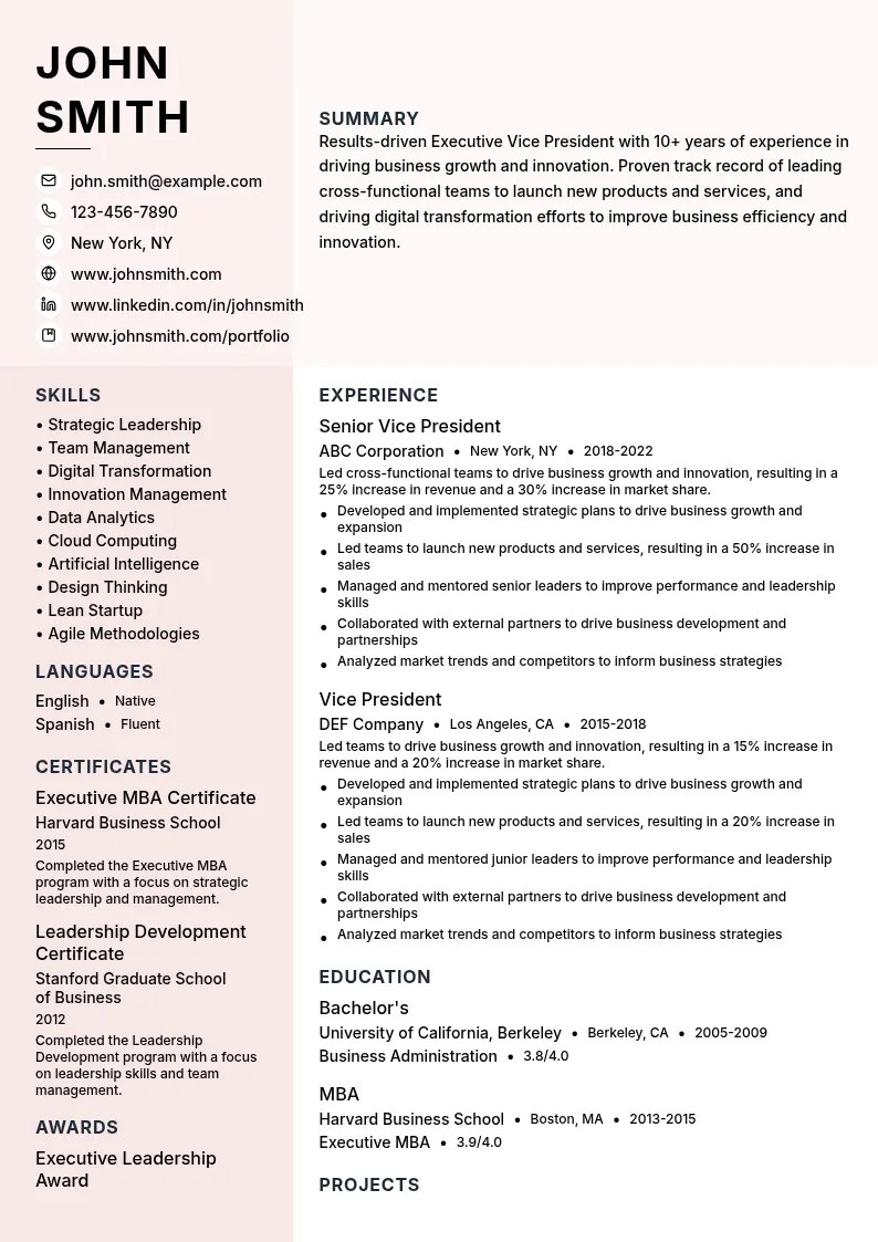 Executive Vice President resume example