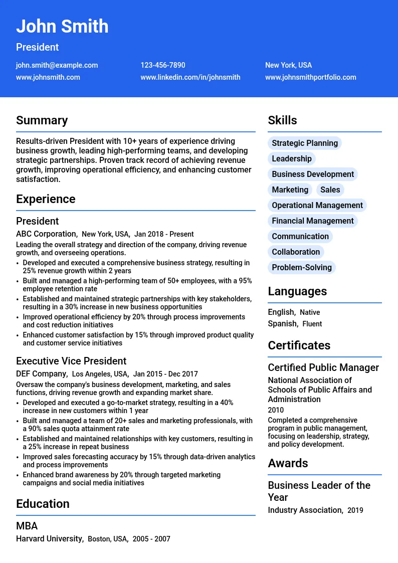 President resume example