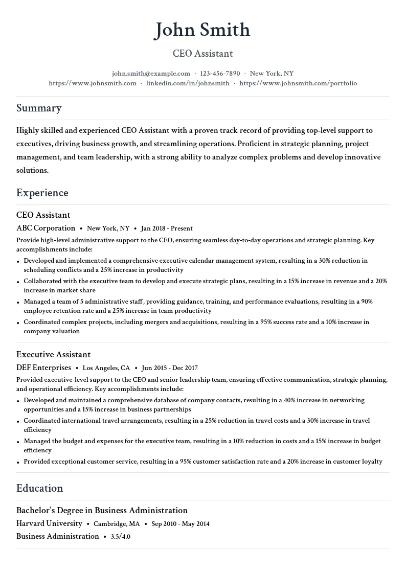 CEO Assistant to the CEO resume example
