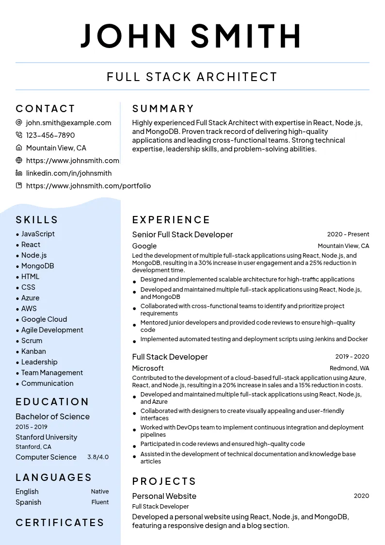 Full Stack Architect resume example