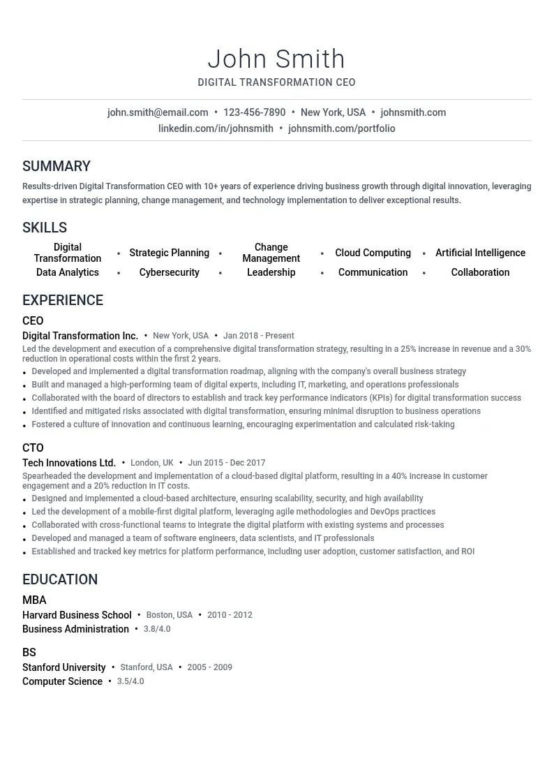 Digital Transformation CEO resume example
