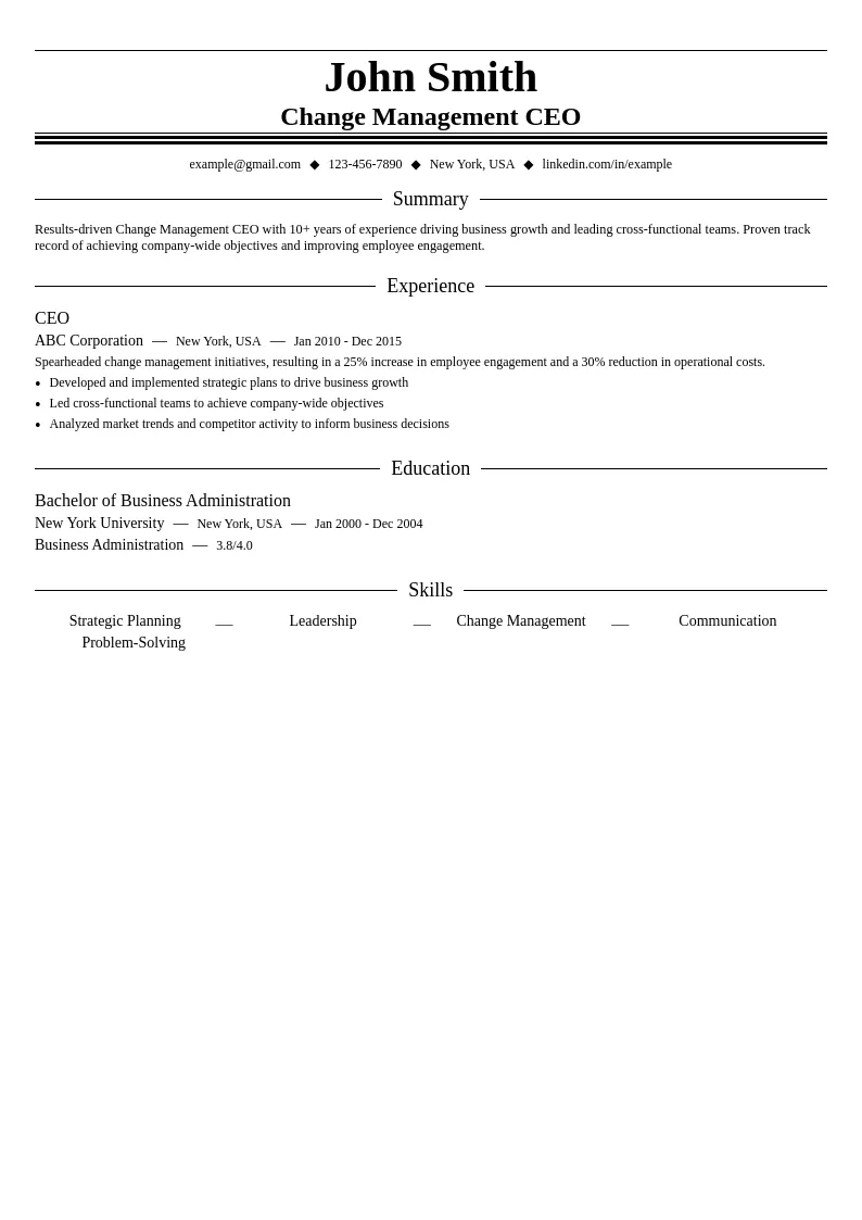 Change Management CEO resume example