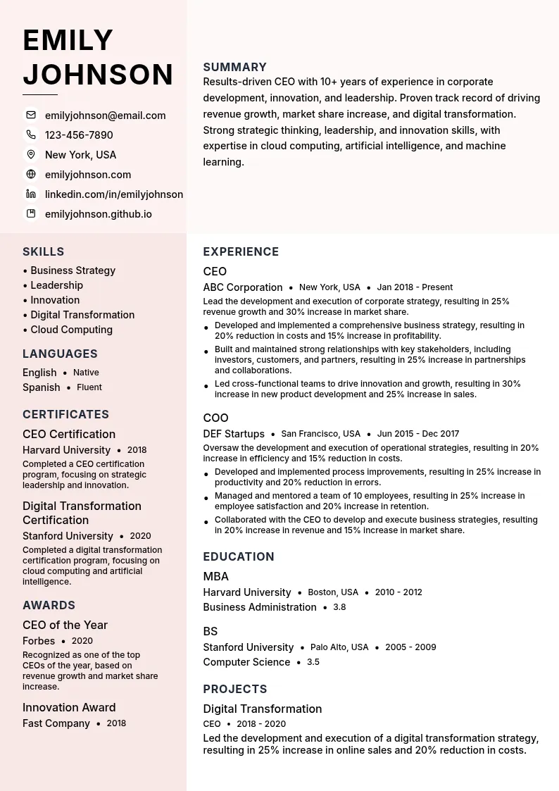 Corporate Development CEO resume example