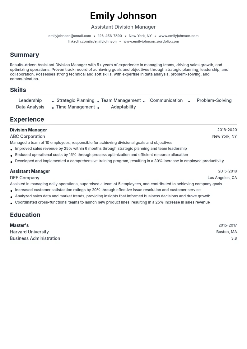 Assistant Division Manager resume example