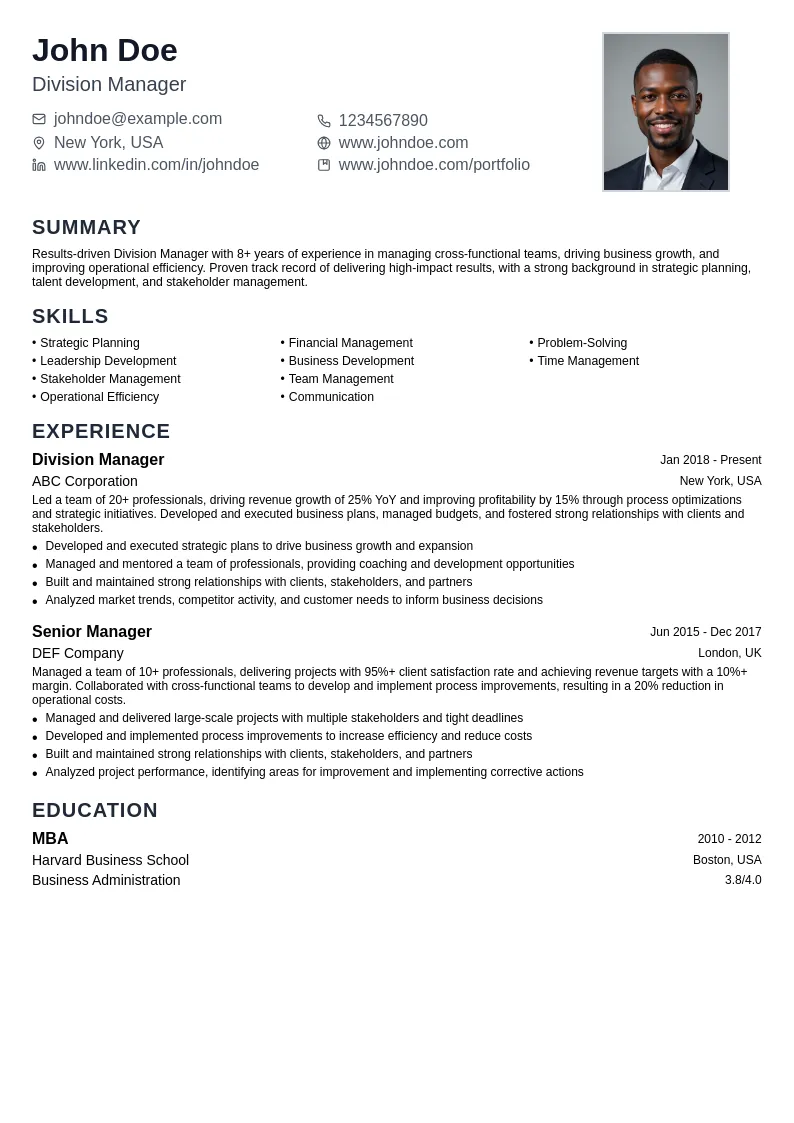 Division Manager resume example