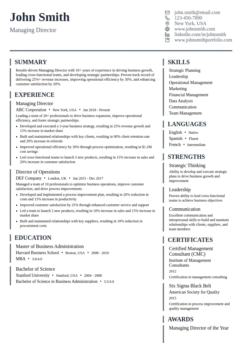Managing Director resume example